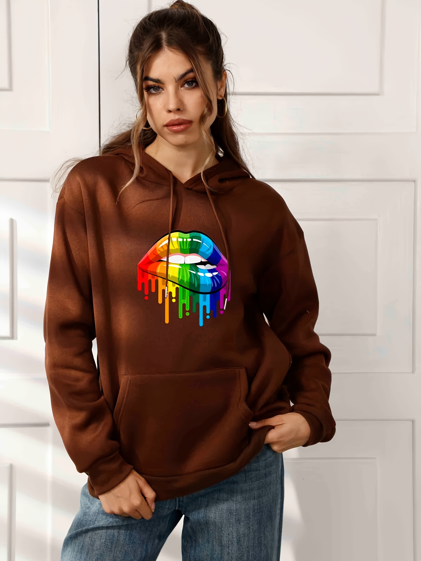 Rainbow Lip Print Casual Hoodies Drawstring Long Sleeve Temu