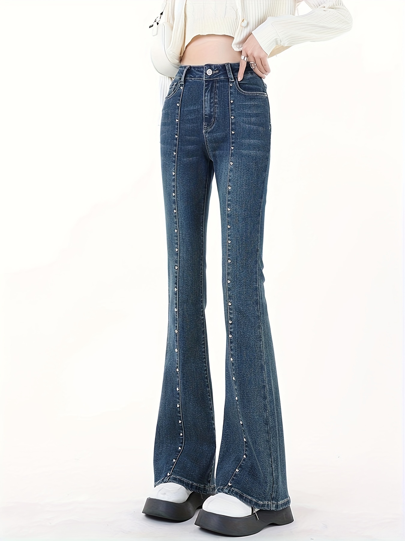 Studded Decor Pintuck Bootcut Jeans High Waist Slim Fit High - Temu