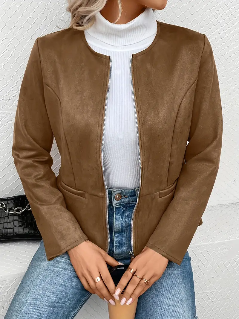 plus size elegant jacket womens plus solid long sleeve zip up round neck jacket details 31