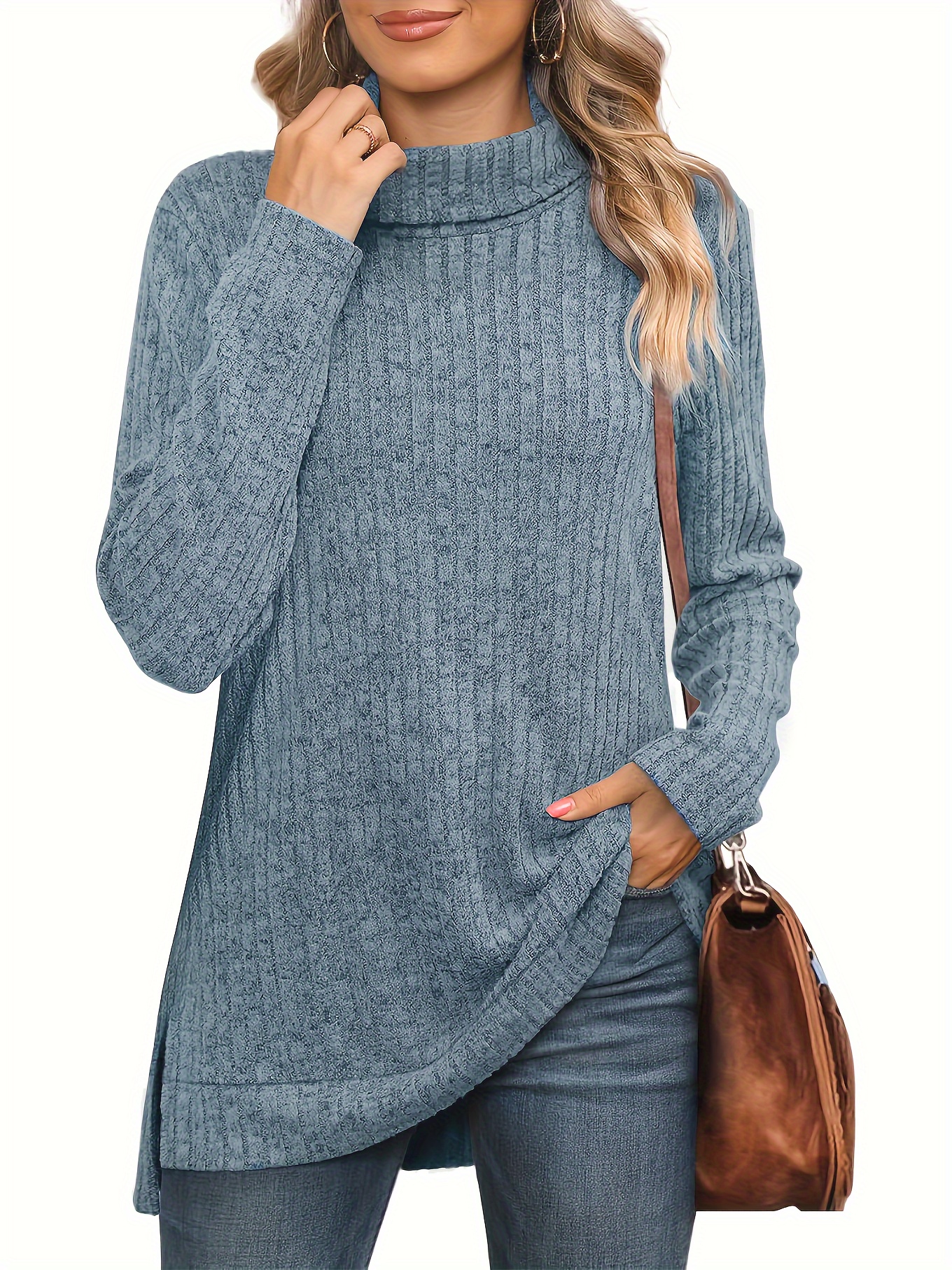 Solid Turtle Neck Pullover Sweater Elegant Long Sleeve Split - Temu