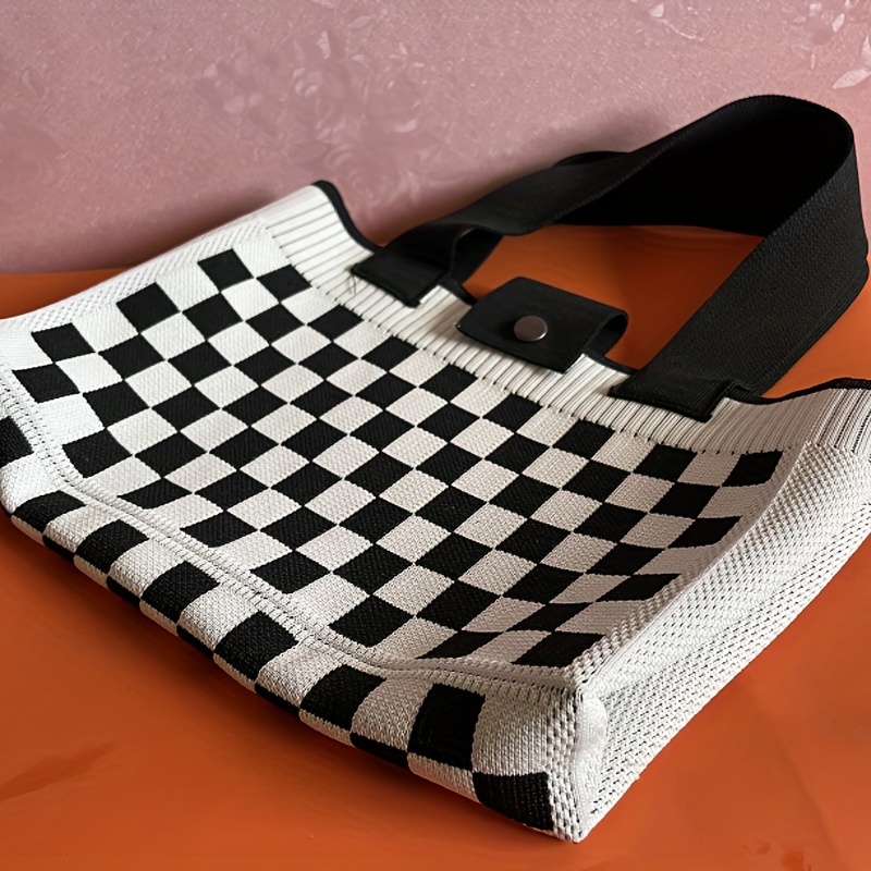 Black and White Checkered Pattern Crochet Bag Tote Bag