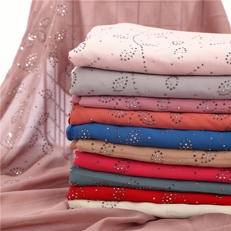 Chiffon Scarf Rhinestone Leaf Decor Hijab Classic Shawl