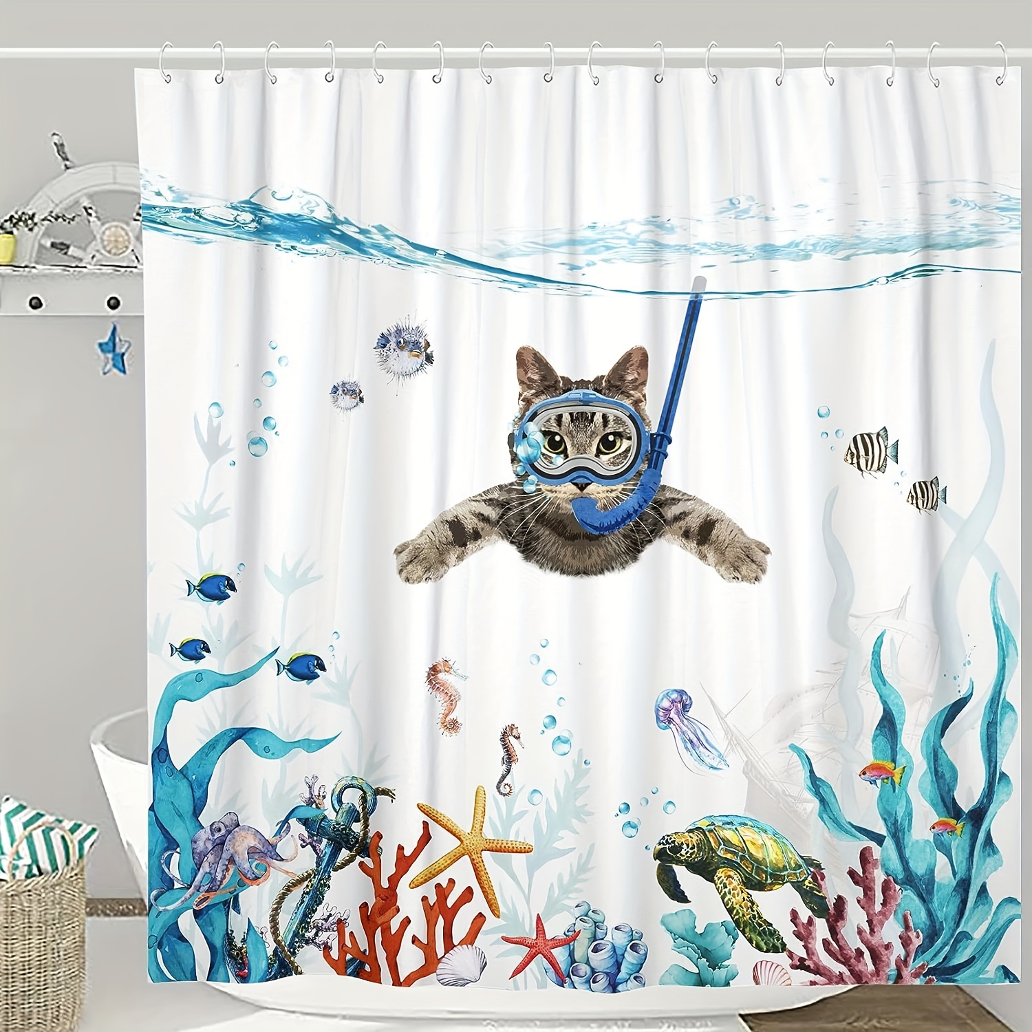 Funny Cat Shower Curtain Light Funny Cat Shower Curtain Sea - Temu