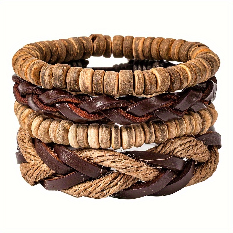 

Campus Boys Retro Popular Handmade Wooden Beads And Leather Handmade Retro Casual Men's Hand Bracelet