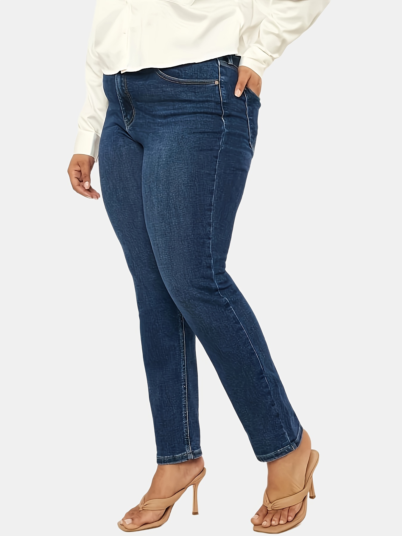 Mujeres Jeans Casuales Talla Color Sólido Alta - Temu Mexico