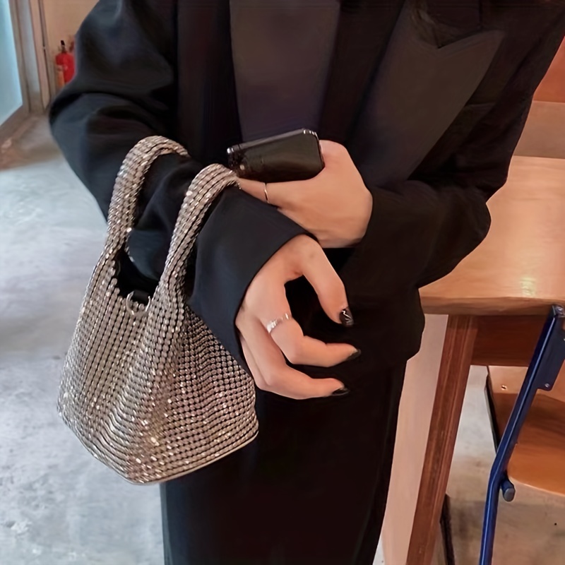 Rhinestone Decor Mini Bucket Bag, Lightweight Chain Versatile Shoulder Bag,  Shiny Portable Top Handle Handbag - Temu