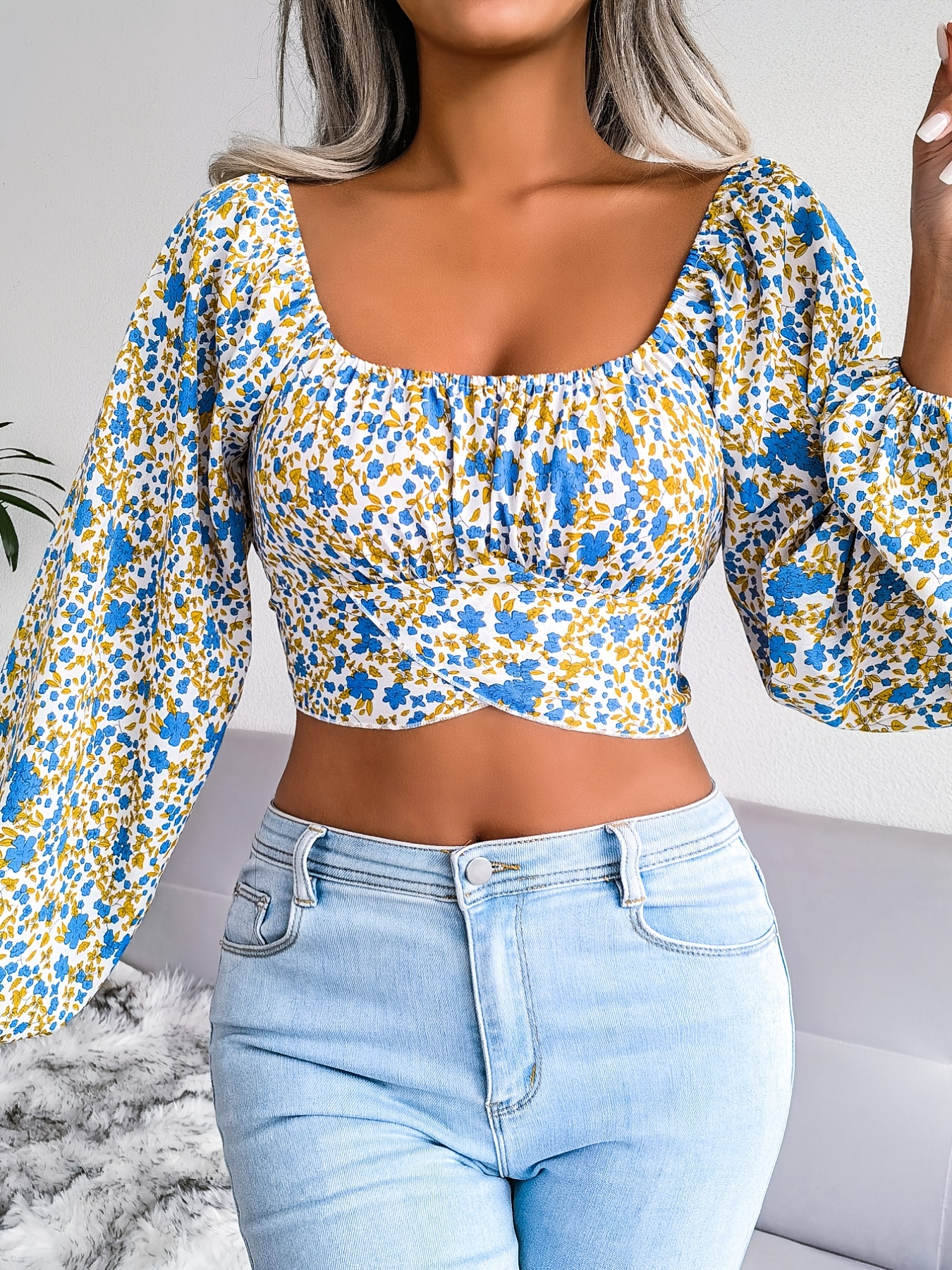 Women's Vintage Floral Print Boho Shirts Tops Sexy V Neck Tie Back