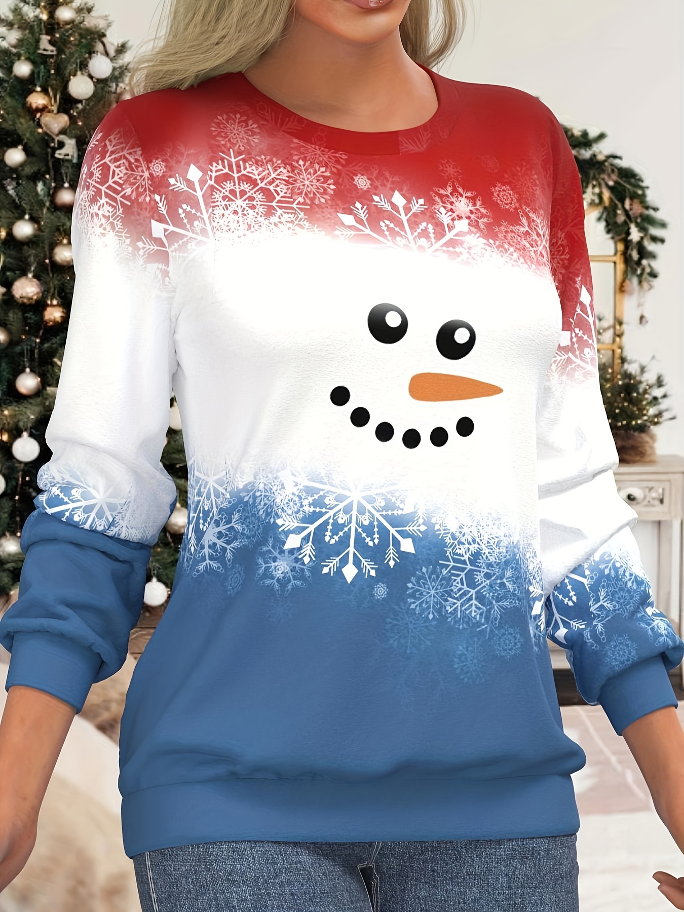 Plus Size Christmas Dress, Women's Plus Snowman & Snowflake Print Long  Sleeve Round Neck Medium Stretch Dress