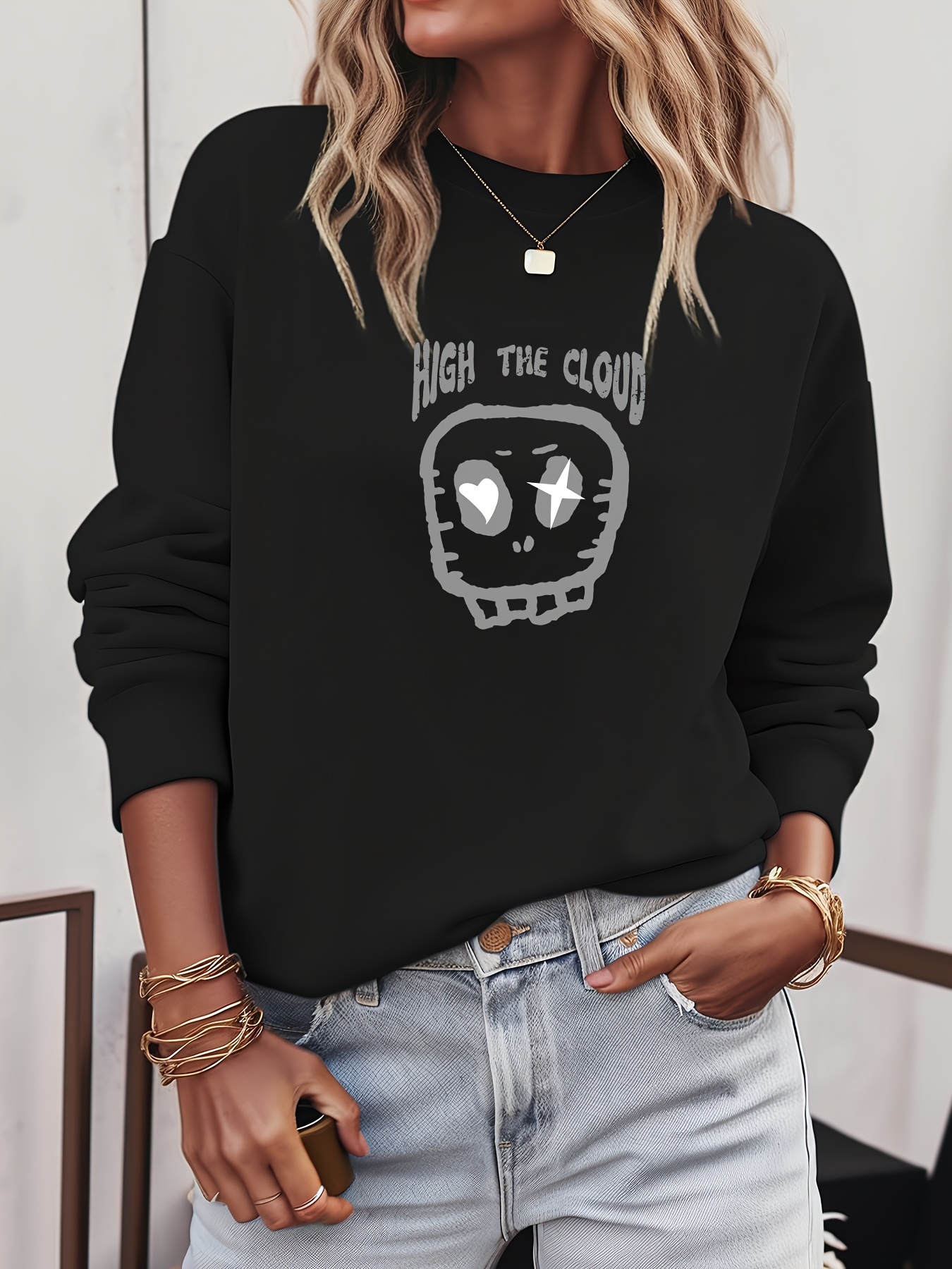 Heart & Skull Print Sweatshirt, Casual Long Sleeve Crew Neck Sweatshirt,  Women's Clothing - Temu