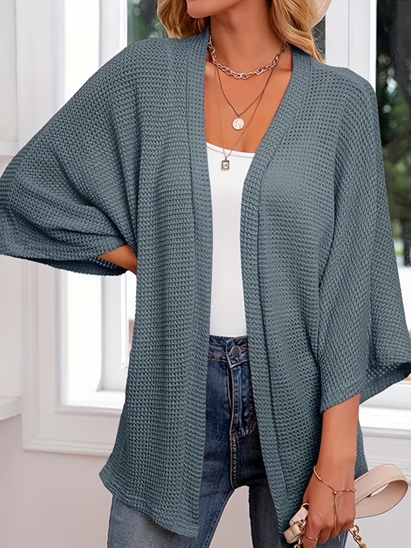 Casual Cardigan Women's Plus Solid Waffle Knit Open Front Cardigan