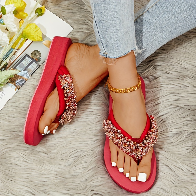 Women s Rhinestone Pearl Thong Sandals Slip Casual Platform Temu