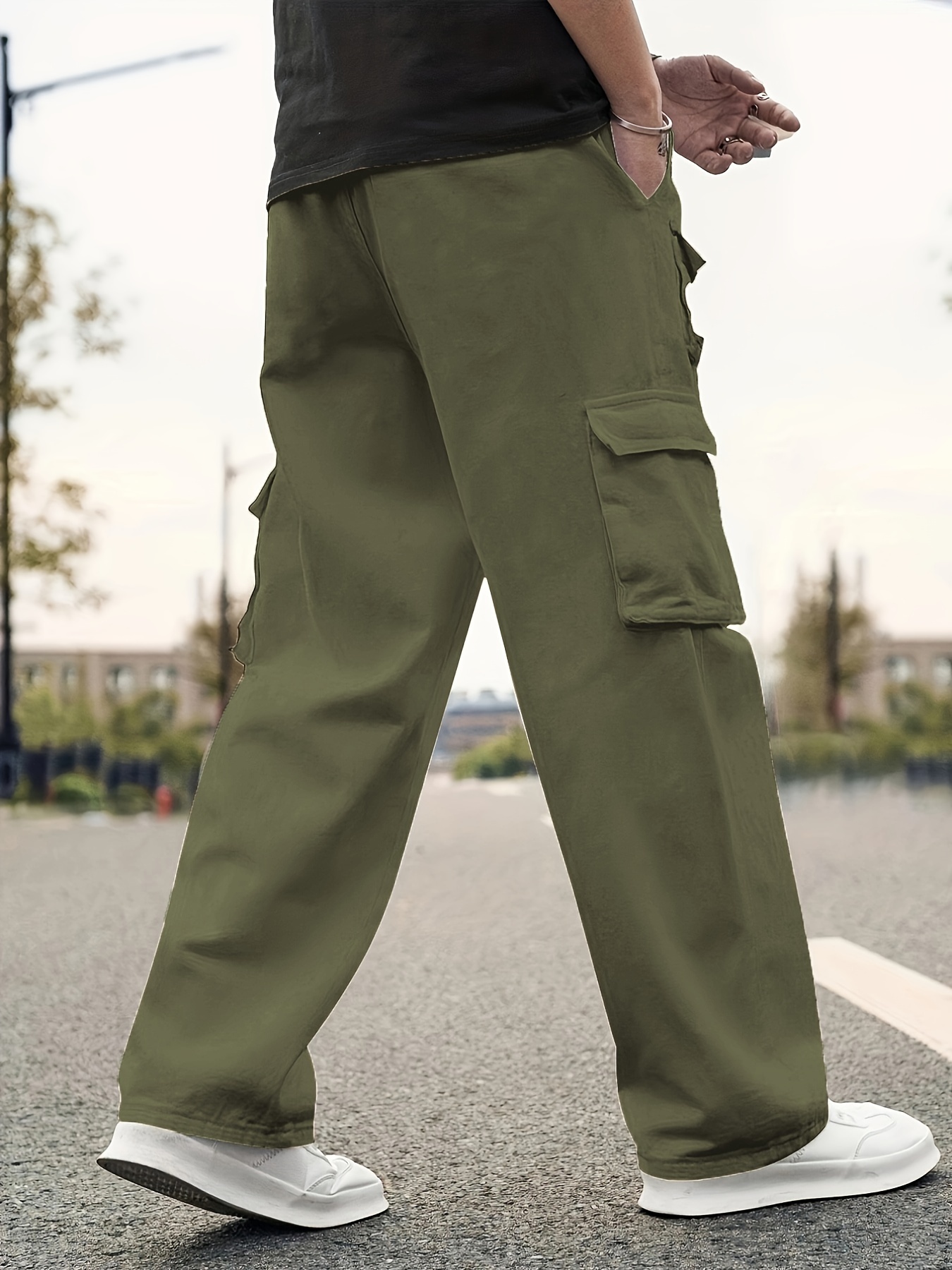 Loose Fit Cargo Pants Flap Pockets Non stretch Solid Color - Temu Canada