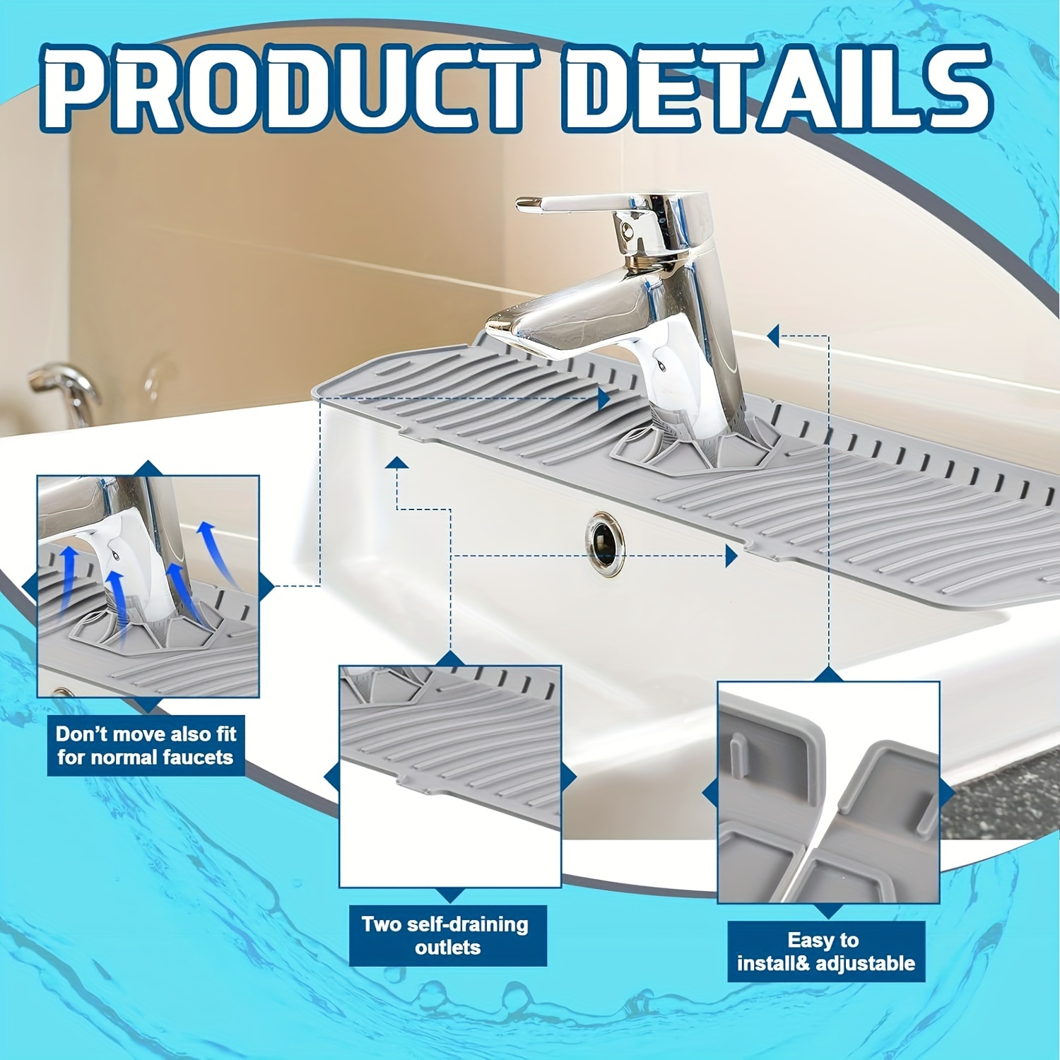 3PCS Kitchen Sink Splash Guard, Silicone Faucet Handle Drip