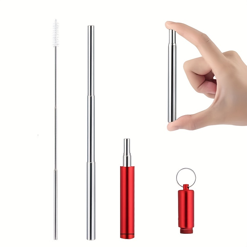 Reusable Drinking Straw Stainless Steel Collapsible Drinking Straw  Three-section Portable with Aluminum Keychain Cleaning Brush