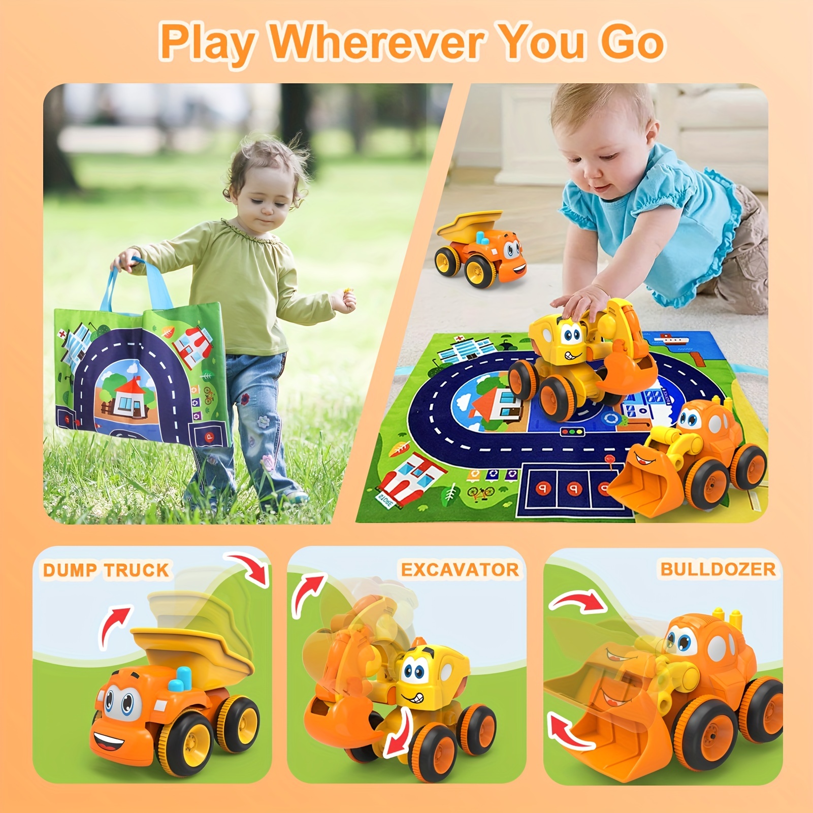 Toys for a 2 Year Old Boy - 3 Friction Powered Trucks for 2+ Year Old Boys,  Push & Go Cars Cartoon Construction Vehicle Set - Toddler Boys Toys & Toy