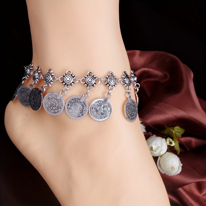 

Trendy Vintage Metal Coin Tassel Anklet For Women Retro Antique Silvery Zinc Alloy Ethnic Style Foot Chain Body Jewelry