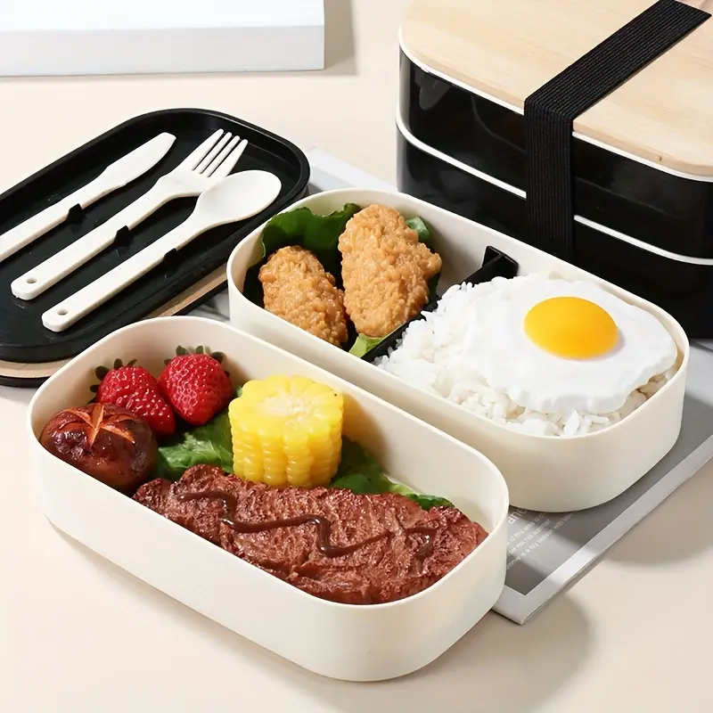 Leakproof 2-layer Bento Box With Spoon And Fork - Microwavable And