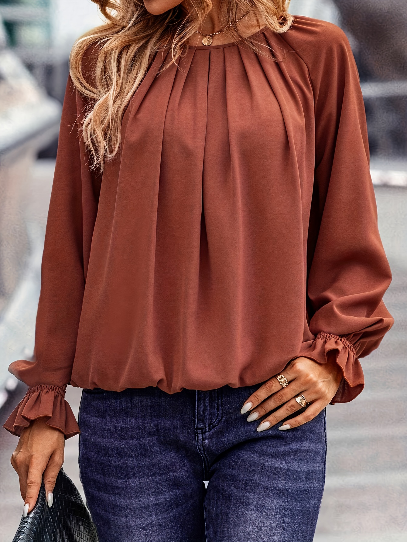 Women's Tops Fashion V neck Long Sleeve Solid Casual Pleated - Temu