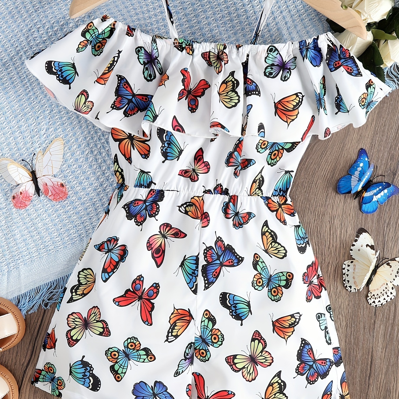 

Girls Butterfly Graphic Cold Shoulder Ruffle Trim Romper Jumpsuits Kids Summer Clothes