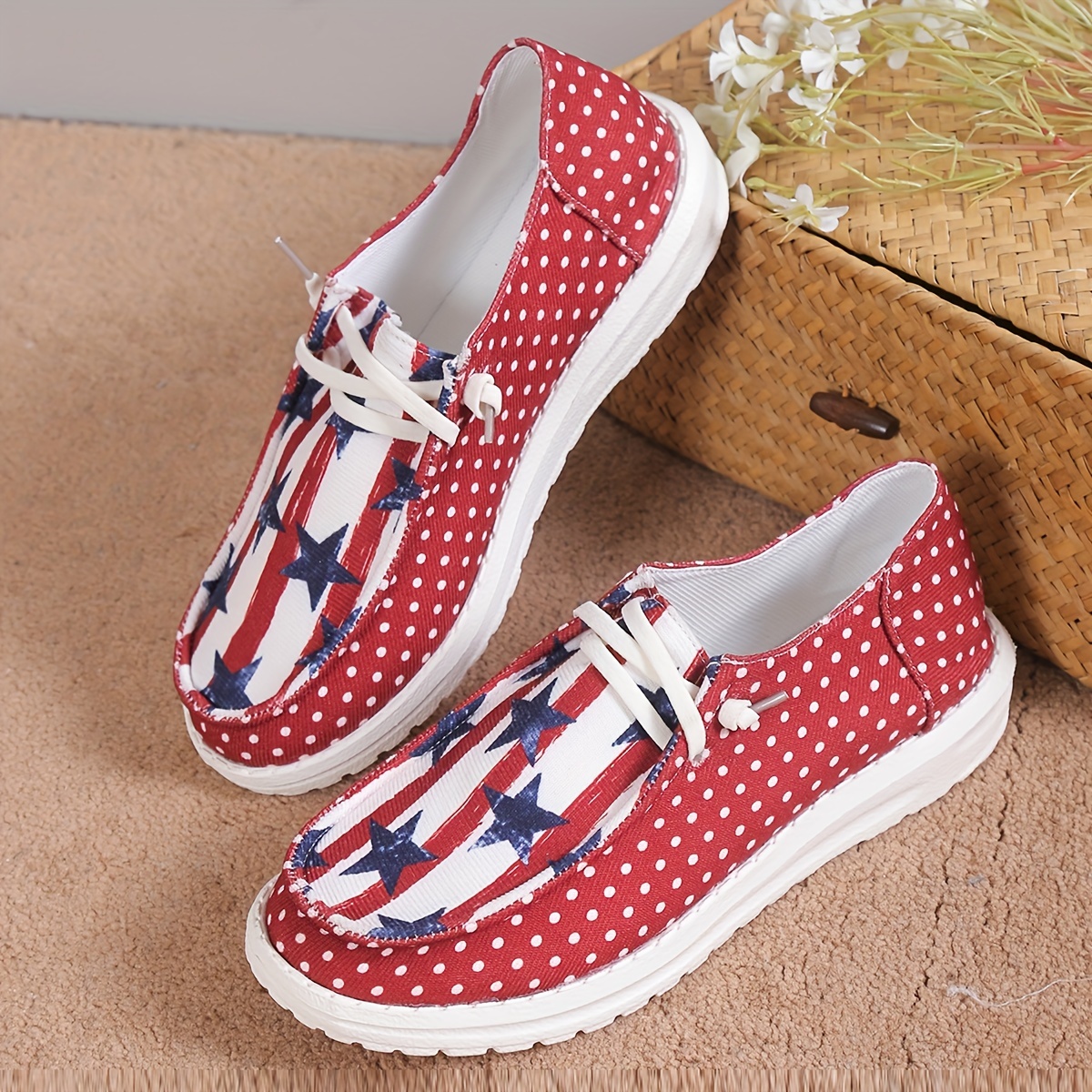 Women's Flat Canvas Shoes, Star Patter & Polka Dot Low Top Sneakers, Casual  Walking Shoes