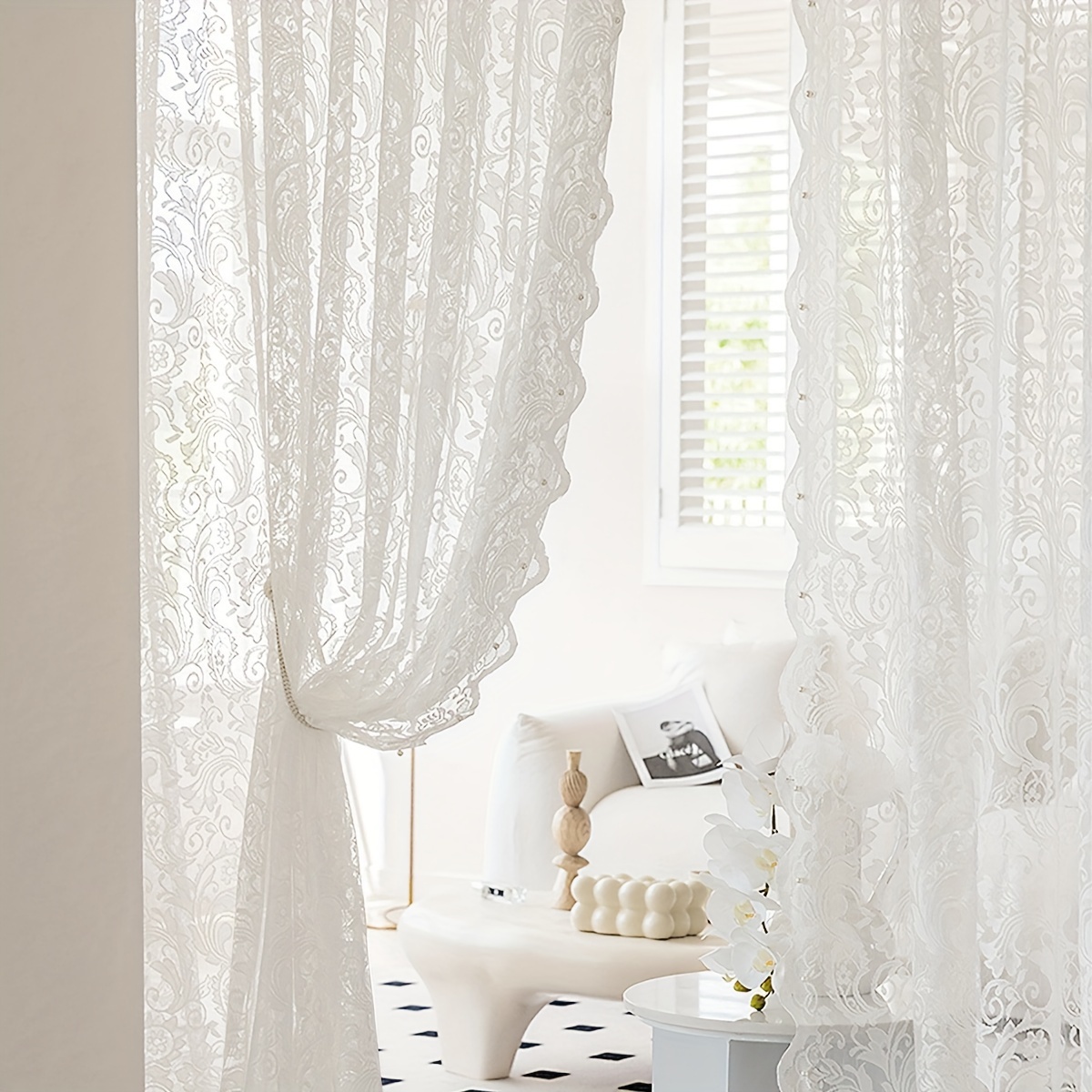 Image of 2pcs, Solid Color Sweet And Romantic Beaded Lace Sheer Curtains, Suitable For Living Room, Bedroom Window And Door Decoration