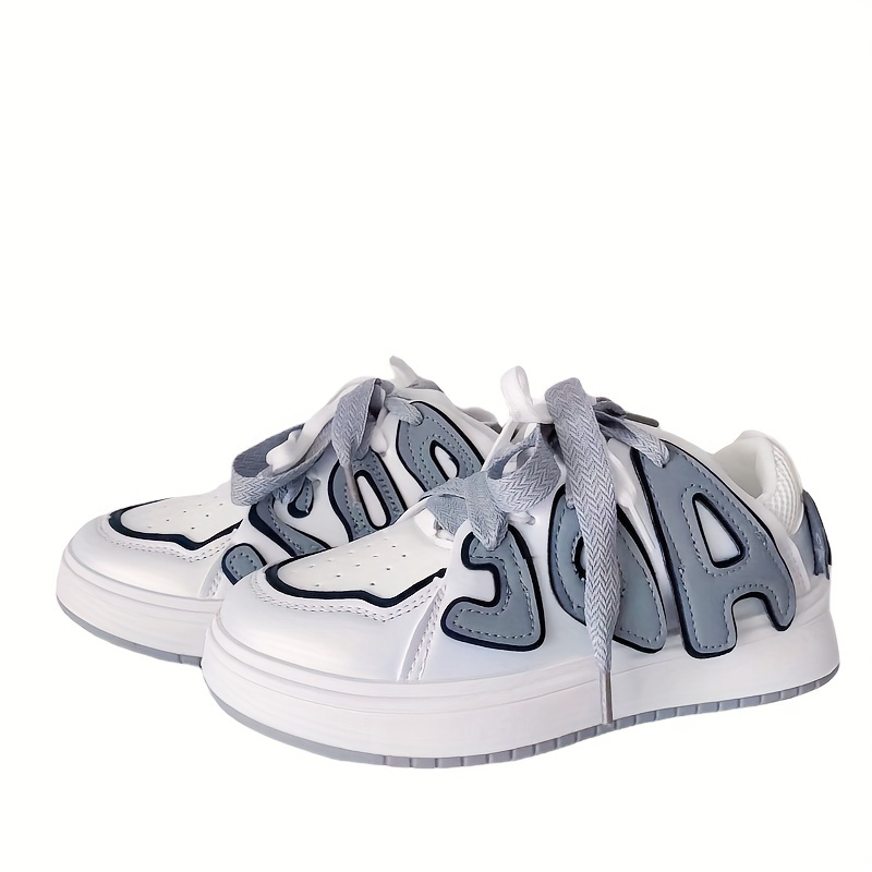 Double Laced White & Blue Sneakers, High Contrast Low Top Skate Shoes, Women's  Footwear - Temu