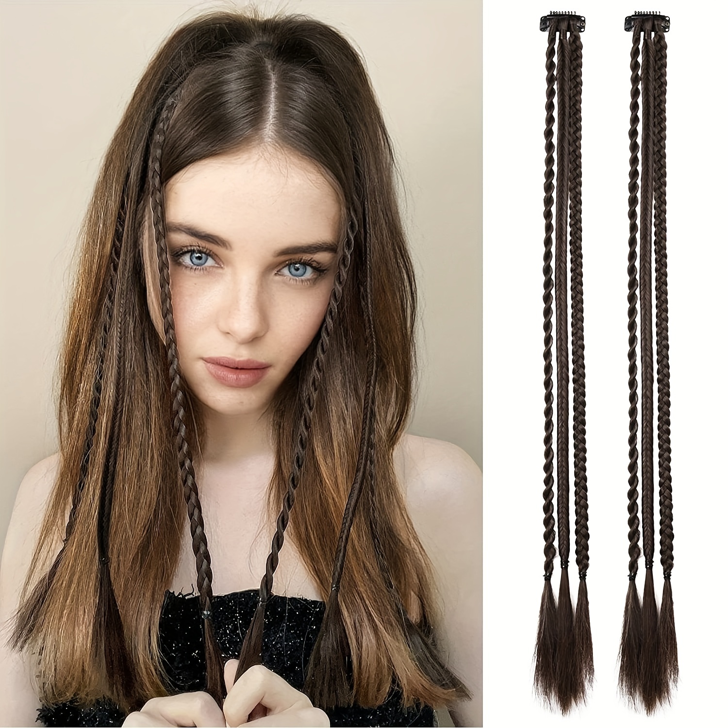 Braid Hair Extensions, 5 PCS Baby Braids Front Side Bang Curtain Bang Clip  in Hair Extensions Long Braided Hair Piece Natural Soft Synthetic Hair for