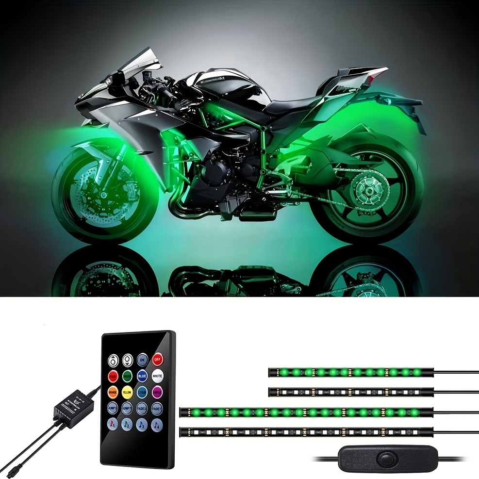 4個のバイク用LEDライトキット、リモコン付きマルチカラー防水バイク用LEDストリップライト、音楽同期＆RGB LEDライト、バイク用、DC 12V