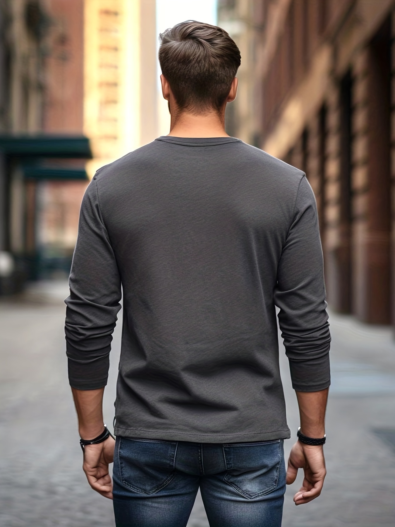Dark Gray T-Shirts Mens Fashion Casual Sports Fitness Outdoor Curved Hem  Solid Color Round Neck T Shirt Long Sleeve Top 