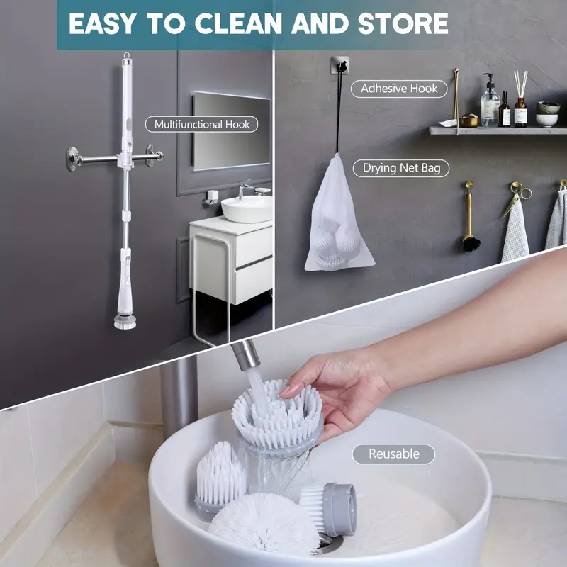 1 set electric spin scrubber cleaning brush long handled shower scrubber tub tile scrubber with 4 replaceable brush heads 90 min run time bathroom scrubber 320 420rpm cordless power scrubber usb c charging cord spin scrubber details 6