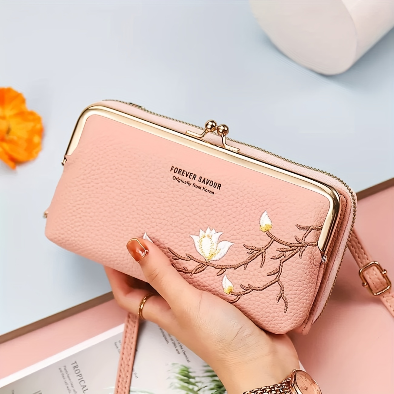 Flower Embroidery Kiss Lock Wallet, Fashion Credit Card Holder, Women's  Clutch Phone Coin Purse - Temu Israel