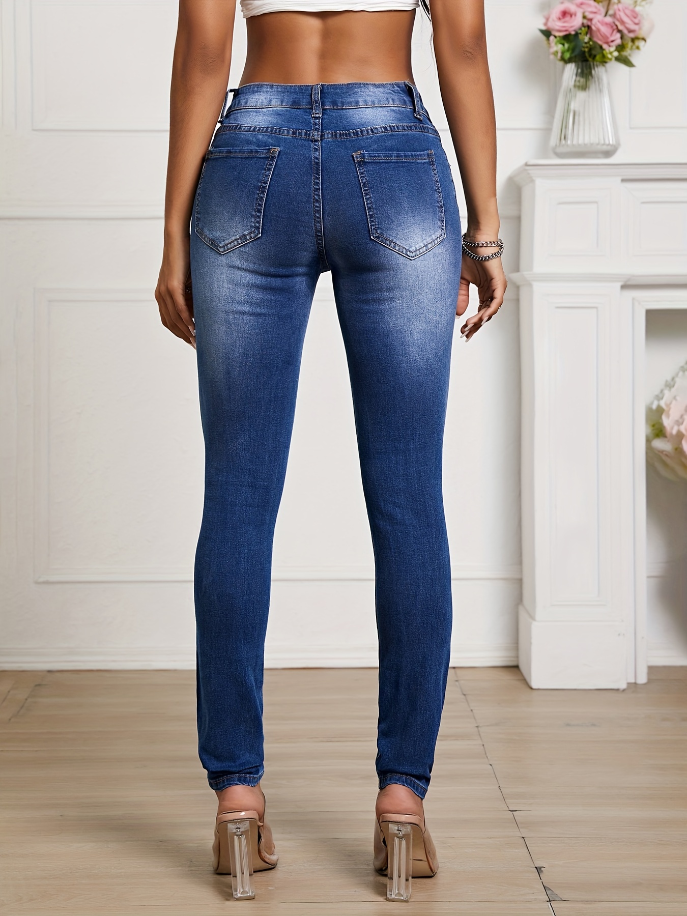 Jeans ajustados con pierna rasgada de tiro alto, pantalones de mezclilla  ajustados elásticos con relieve de ondulación de agua de cintura alta, jeans