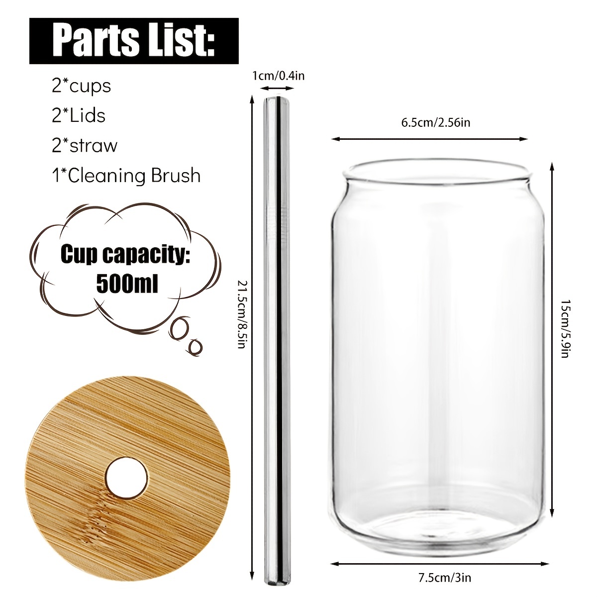 Transparent Can shape Glass Cups with Bamboo lid And Straw Ice Coffee Cup  Glass