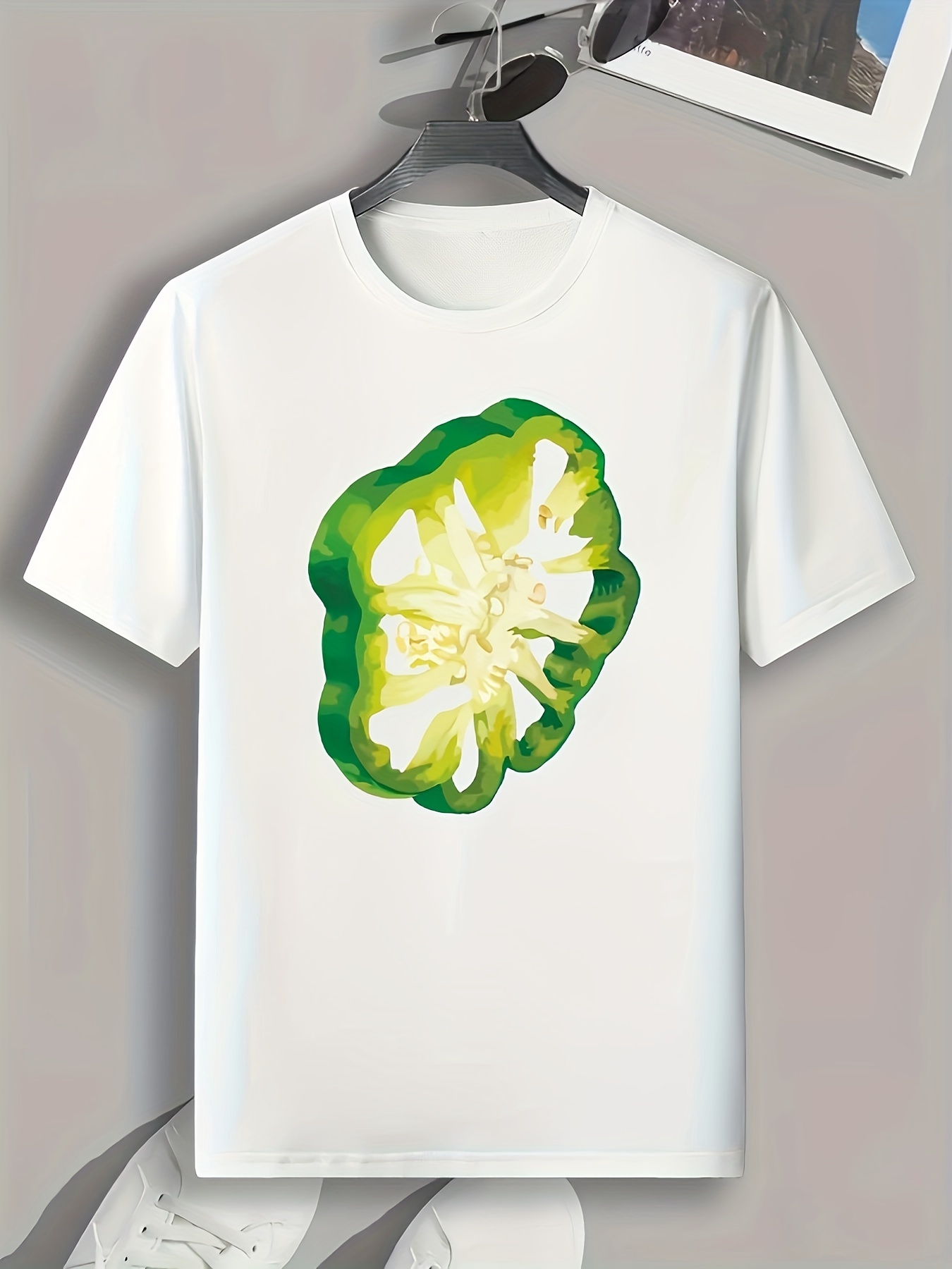 white green and yellow graphic tee