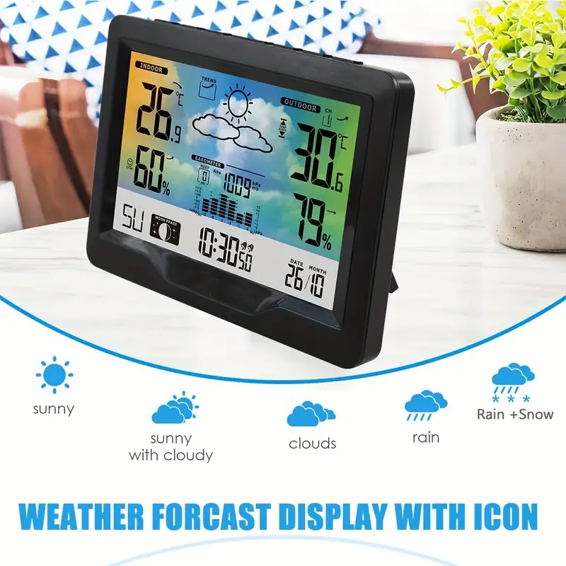 Wireless Weather Station, Indoor Outdoor Thermometers Alarm Clock  Temperature Humidity Barometer Weather Forecast Moon Phrase for Home Indoor  Outdoor