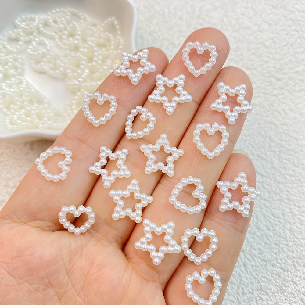 100Pcs/bag 3D Heart Hollow Pearl Nail Charms Loose Beads Nail Decorations  DIY