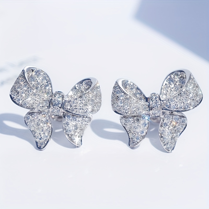 

Delicate Sparkling Bow Design Stud Earrings Silver Plated Jewelry Zircon Inlaid Elegant Luxury Style Female Dating Daily Ear Casual