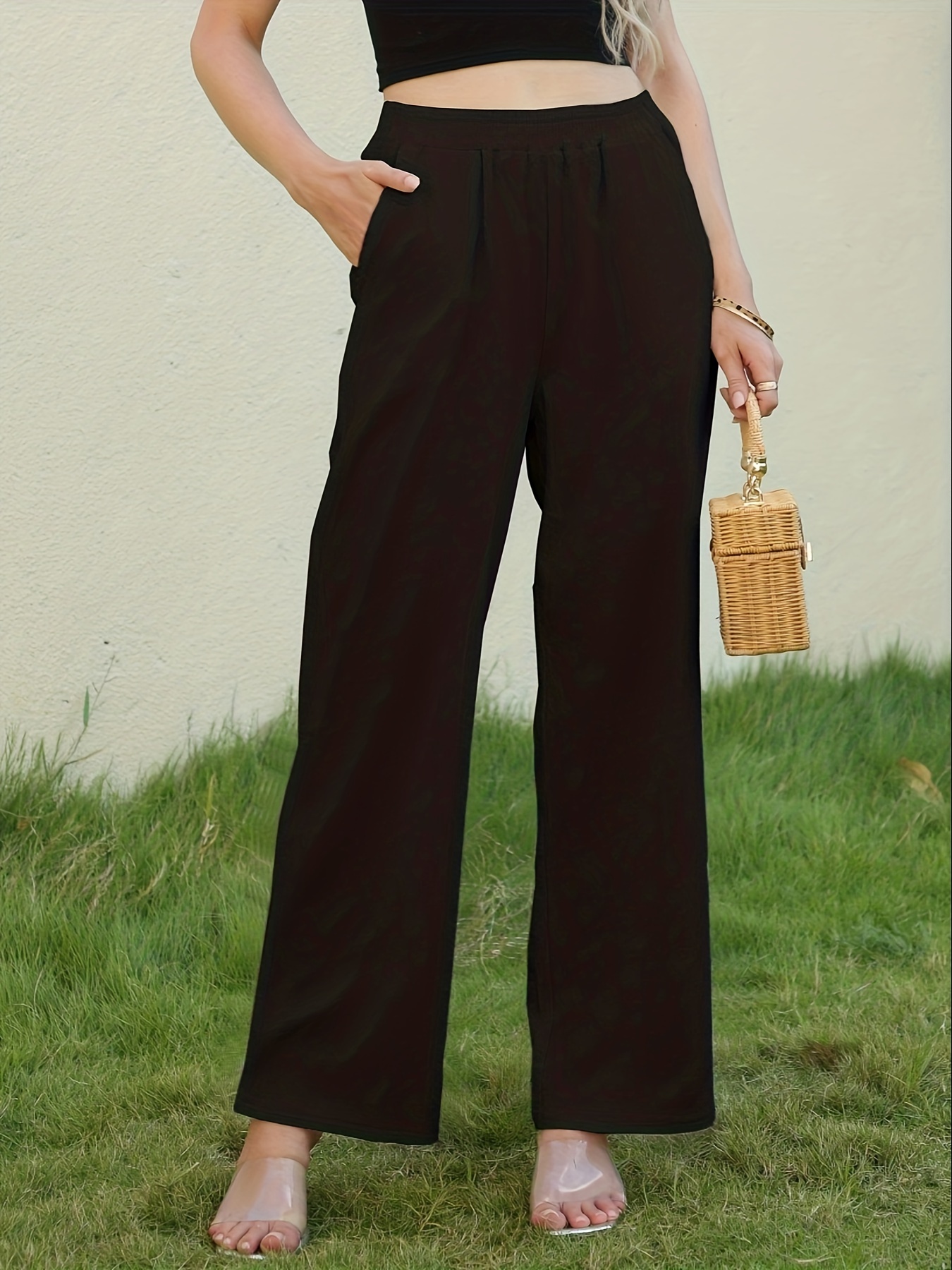 Solid Wide Leg Elastic Waist Pants, Casual Loose Pants