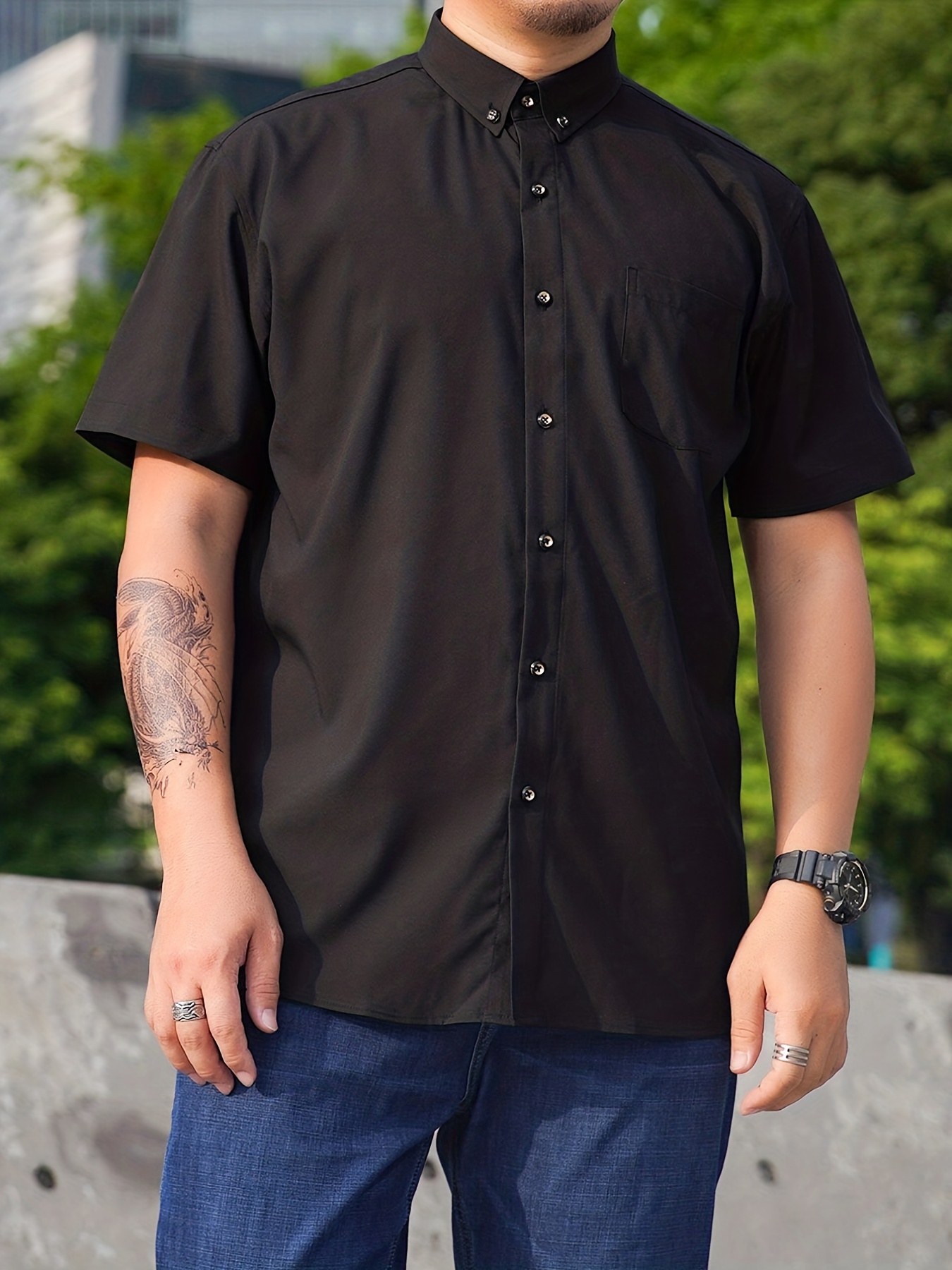 Plus Size Men's Short sleeved Shirt Solid Color Elastic Non - Temu Canada