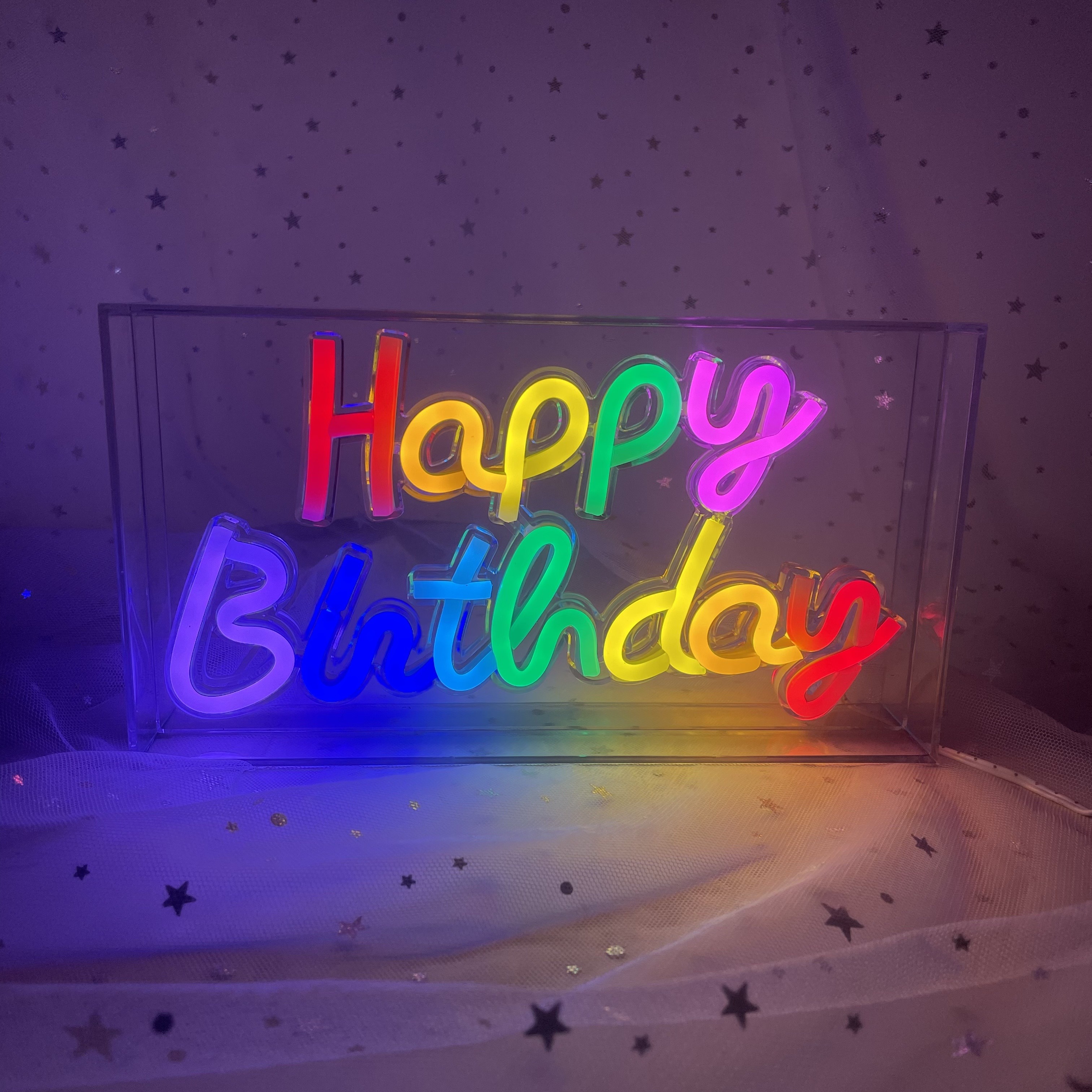 1pc Multi-colored Happy Birthday Neon Sign USB LED Logo Light Box Desktop  Multi-colored Neon, 3D Wall Neon Lights Light Sign Party Wall Decoration Par