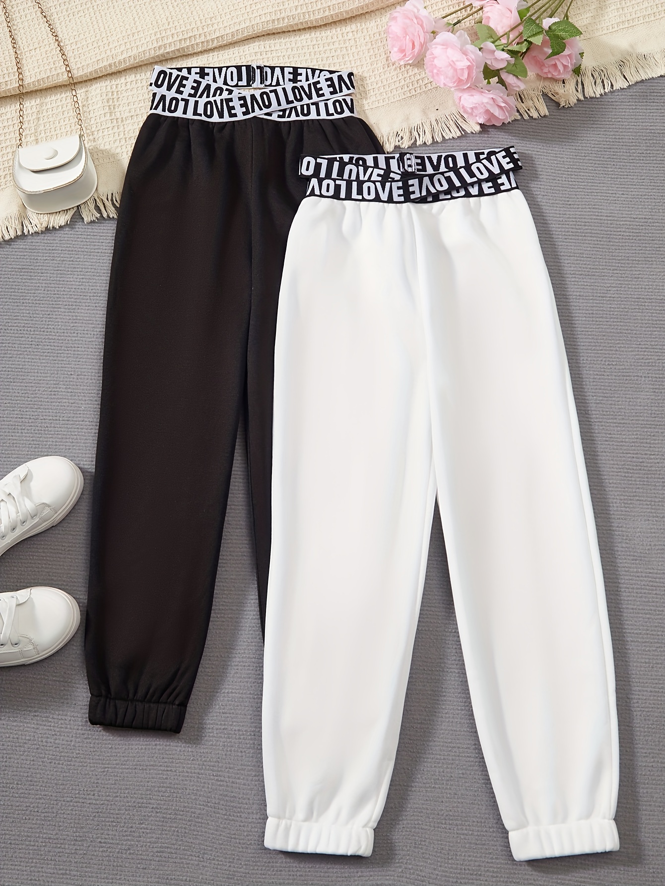 2PCS Girls Criss-cross High Waist Sweatpants With Letter Waistband Trendy  Pants For Spring And Fall