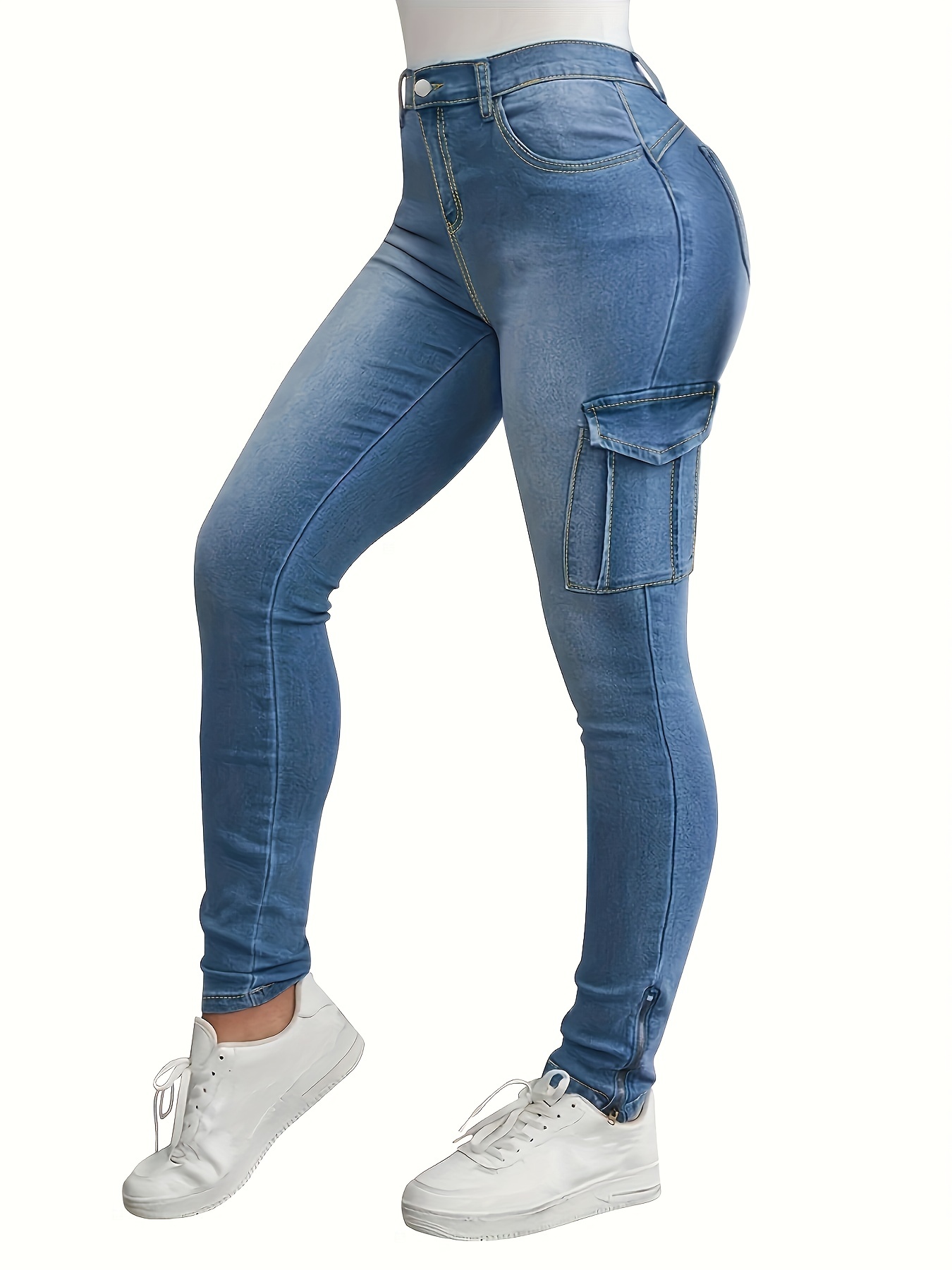 Plain Flap Pockets Cargo Pants Slim Fit Stretch Side Zip - Temu