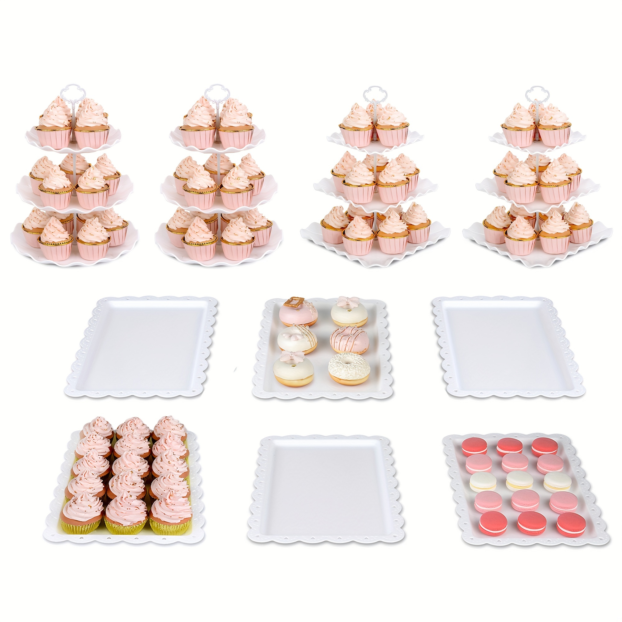 

10pcs/set, Cake Stand, Cupcake Stand, With 2 X Round 3-tier Cupcake Stands And 2 X Square 3-tier Cupcake Stands And 6 X Appetizer Trays, Perfect For Birthday Baby Graduation Wedding New Year Party