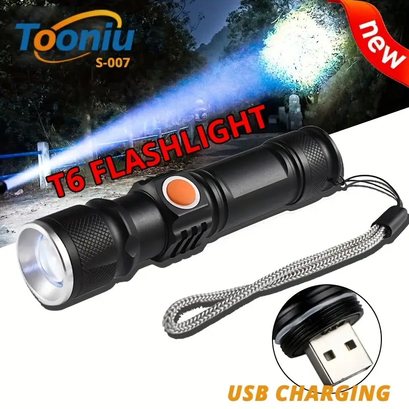 1pc Waterproof Led Flashlight With Usb Charging Zoomable Portable 3  Lighting Modes Built In Battery - Sports & Outdoors - Temu