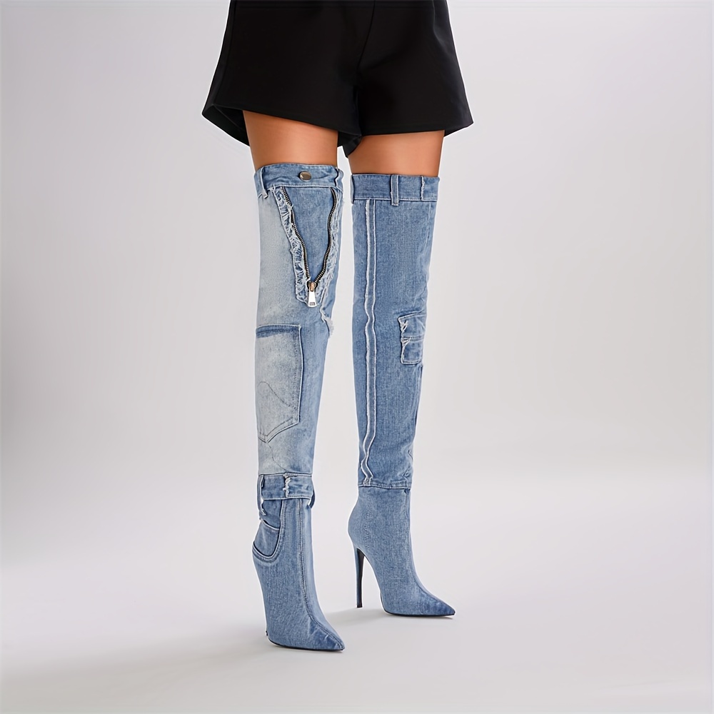 high heeled knee boots women s pointed toe stiletto denim details 6