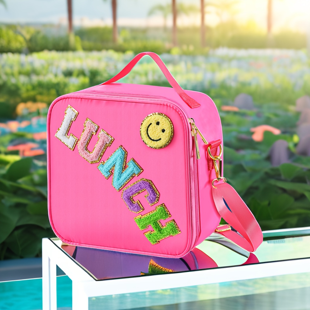 Insulated Lunch Bag With Adjustable Shoulder Strap, Nylon Preppy Lunch Box  Insulated Bag, Chenille Letter Patch Decor Insulation Bag For School Travel  Picnic - Temu