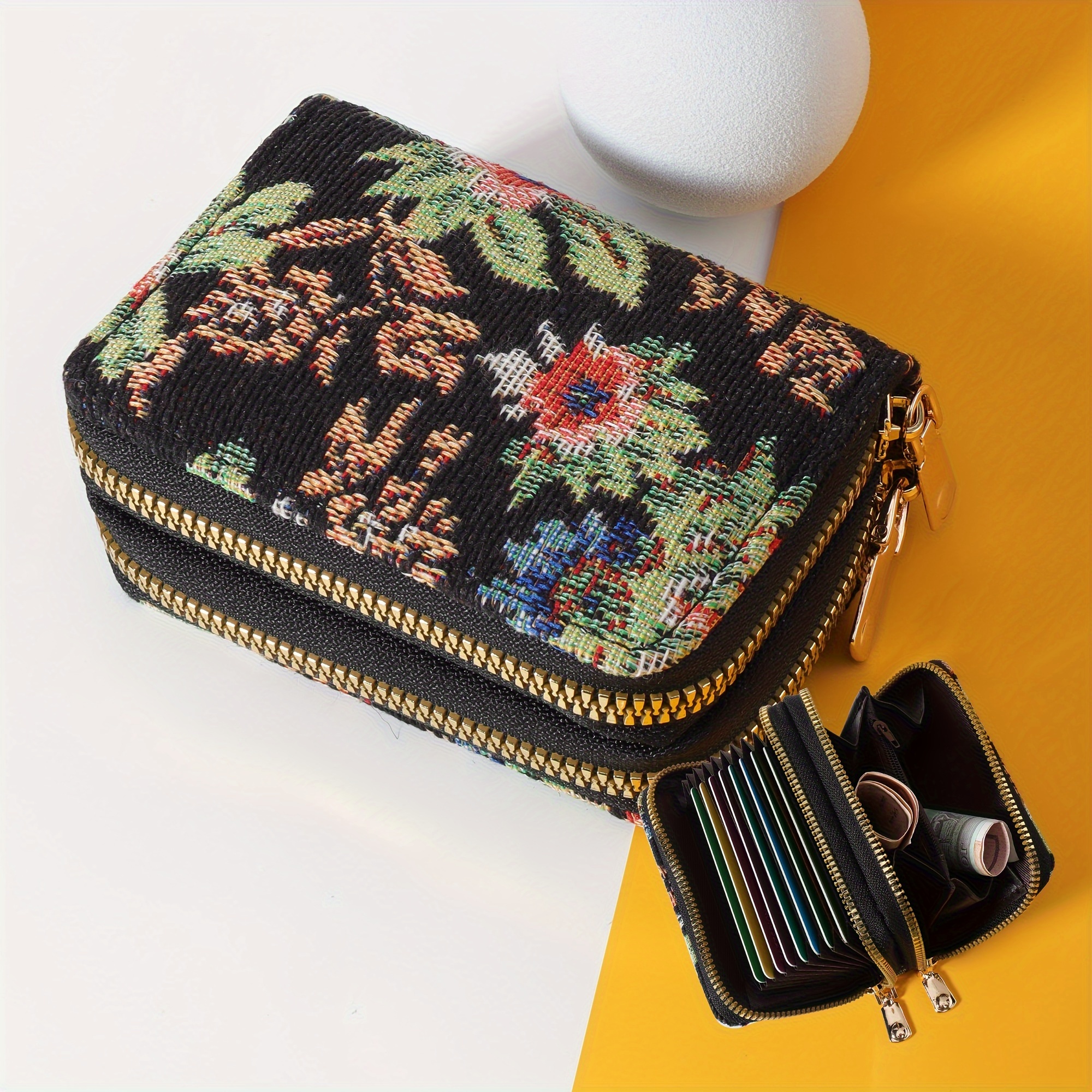 

Fashionable Mini Flower Pattern Wallet, Double Zipper Coin Purse, Retro Flower Pattern Card Case