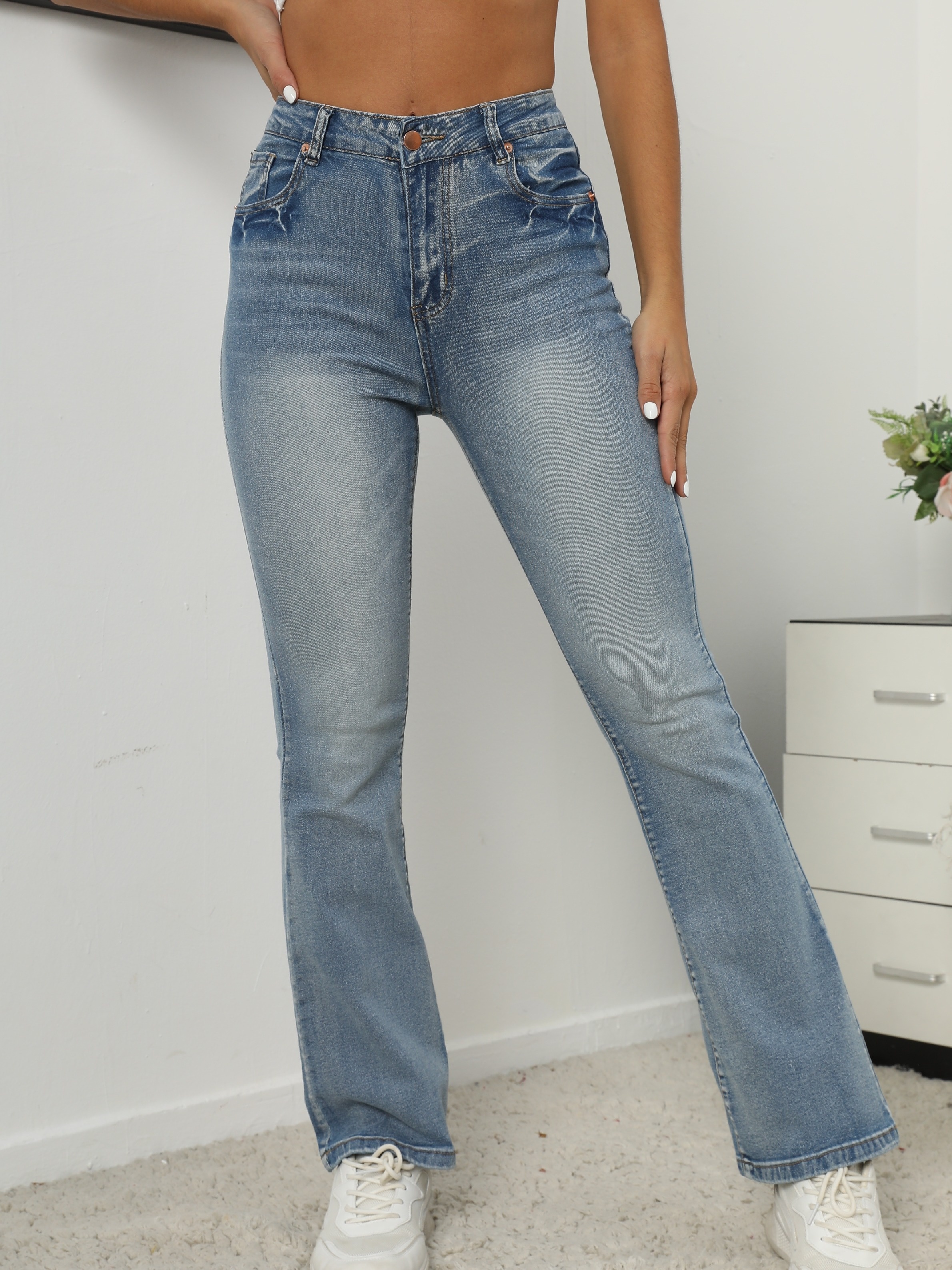 plain whiskered straight leg jeans high waist slant pockets casual bootcut jeans womens denim jeans clothing