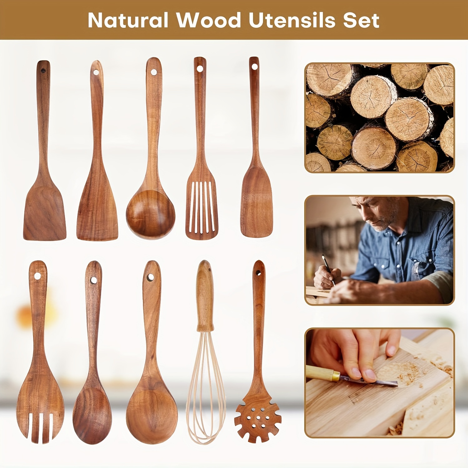 10 PCS Wooden Spoons for Cooking, Spoons and Spatula Set with