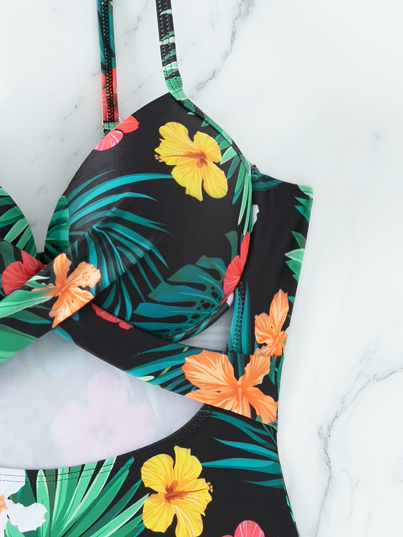 Tropical Print Hollow Swimsuit Cross Spaghetti - Temu